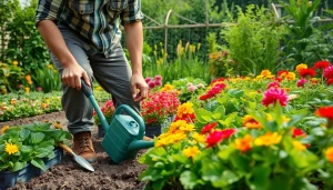 Gardening enthusiast tending to a flourishing garden with vibrant plants and organized tools.