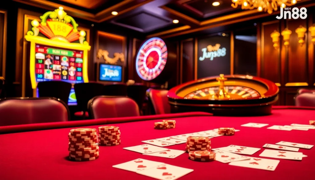 Engaging scene of Jun88 online casino with poker table, vibrant slot machine, and roulette wheel.