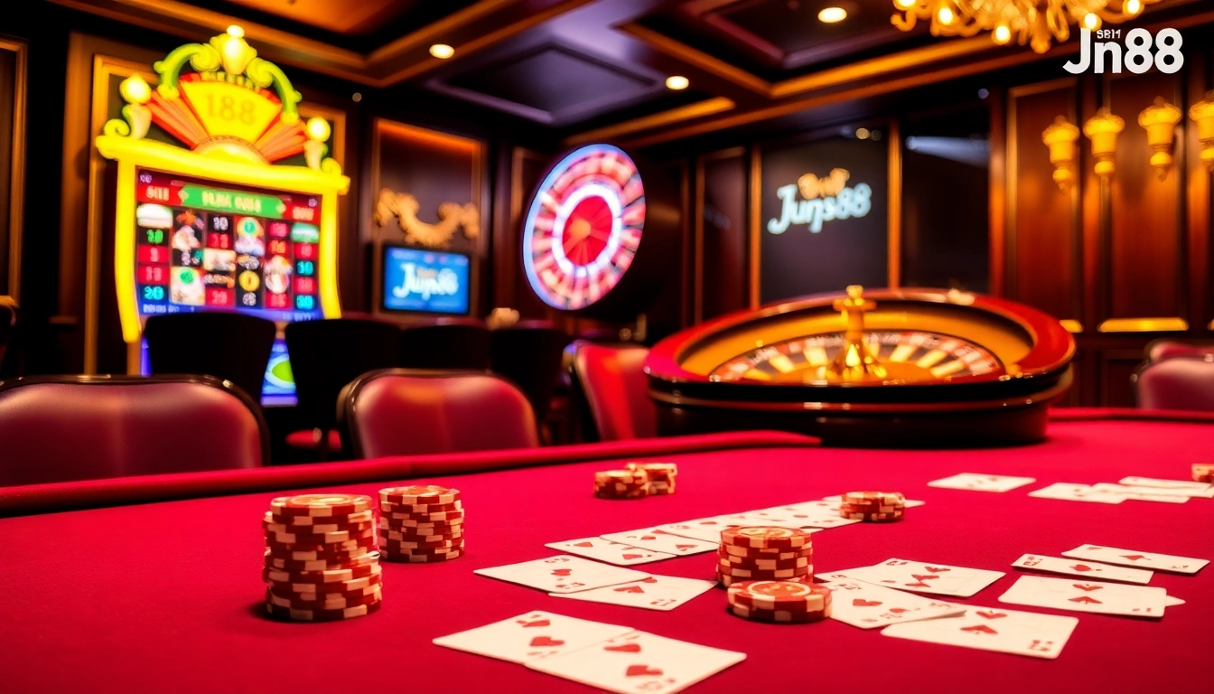Engaging scene of Jun88 online casino with poker table, vibrant slot machine, and roulette wheel.