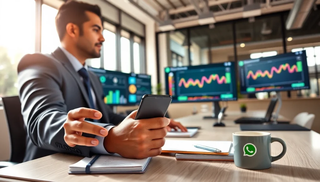 Utilizing WhatsApp Business CRM for customer engagement in a modern office setup.