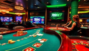 Experience excitement at 789BET with a high-stakes blackjack table and roulette in a luxurious casino atmosphere.