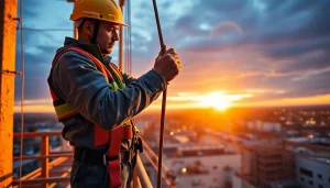 Fallskydd och säkerhetsutrustning som används av en arbetare på byggarbetsplats för säkerhet.