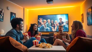 Enjoying a movie night in a cozy home theater featuring filme online gratis.