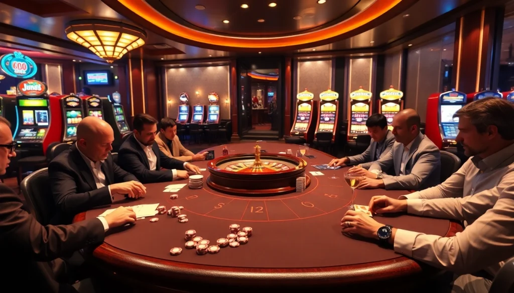 Experience thrilling gameplay at JUN88 with a luxurious poker table and vibrant casino atmosphere.