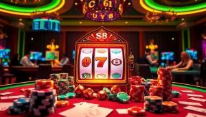 Experience thrilling gaming action at Nhà Cái S8 with poker chips and slot machines.