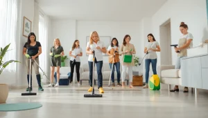 Promoting a cleaning service, a diverse team efficiently cleaning a bright home environment.