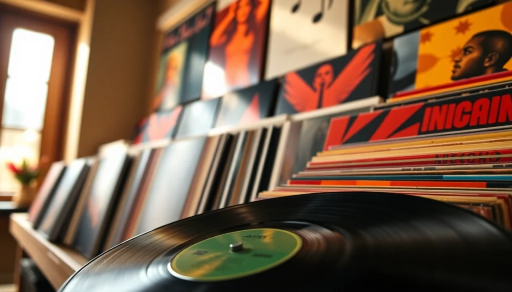 Admiring a selection of vibrant vinyl records highlighting diverse album covers on display.
