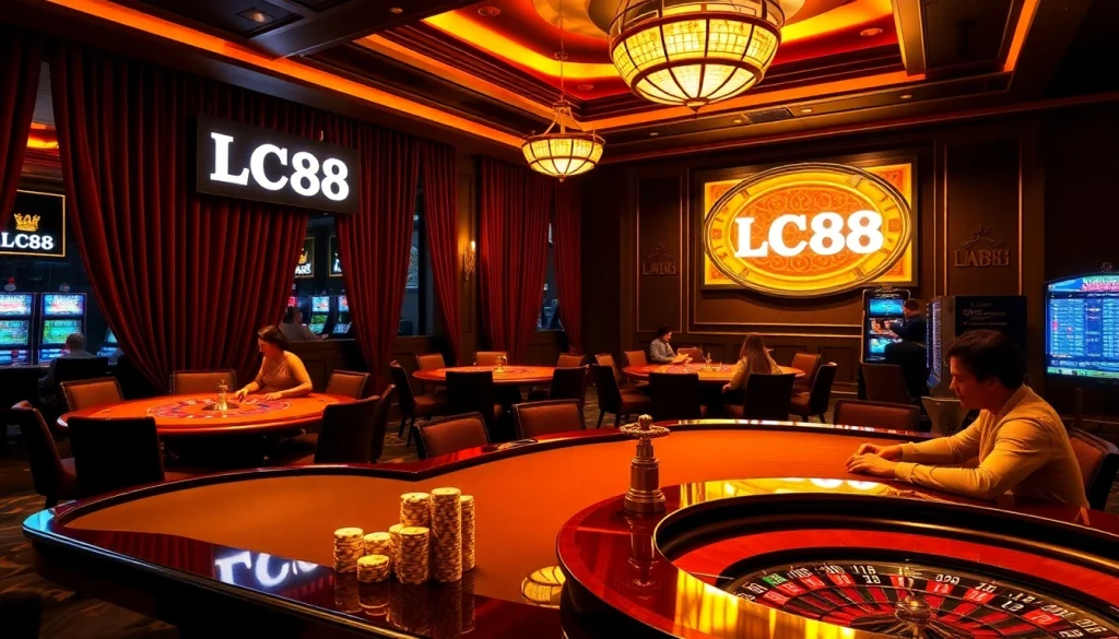 LC88 casino scene with players enjoying poker and roulette, showcasing excitement and luxury.