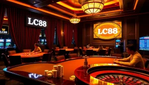 LC88 casino scene with players enjoying poker and roulette, showcasing excitement and luxury.
