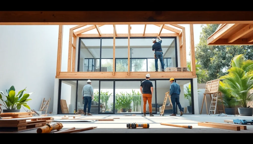 Engaging scene of house extension construction showcasing builders at work, emphasizing modern design.