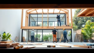 Engaging scene of house extension construction showcasing builders at work, emphasizing modern design.