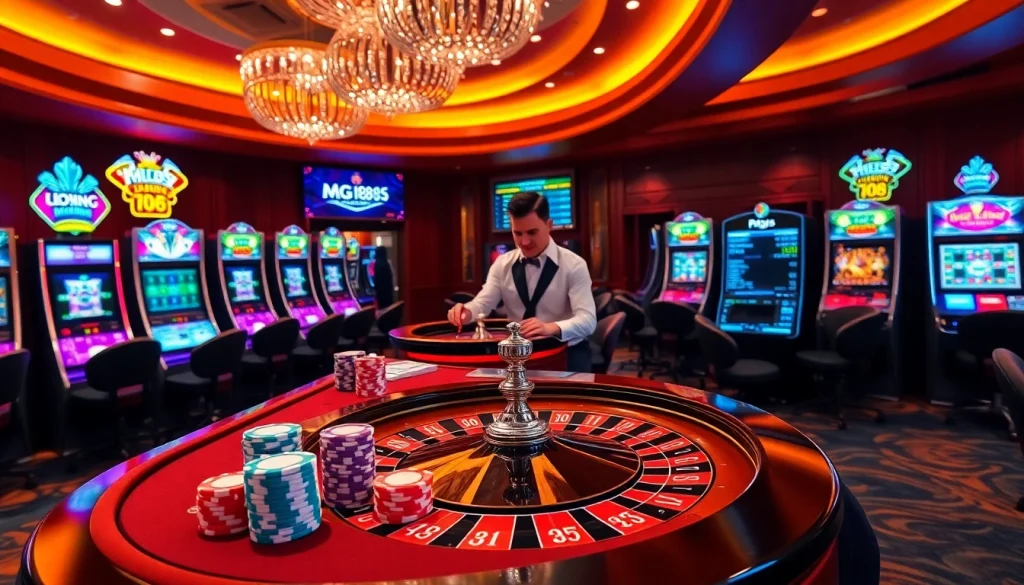 Engaging casino gameplay at https://mg188s.com/ with vibrant tables, poker chips, and a roulette wheel.