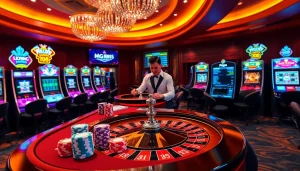 Engaging casino gameplay at https://mg188s.com/ with vibrant tables, poker chips, and a roulette wheel.