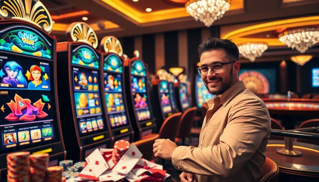 Experience high-stakes excitement with an online슬롯 machine amidst a luxurious casino atmosphere.