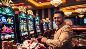 Experience high-stakes excitement with an online슬롯 machine amidst a luxurious casino atmosphere.