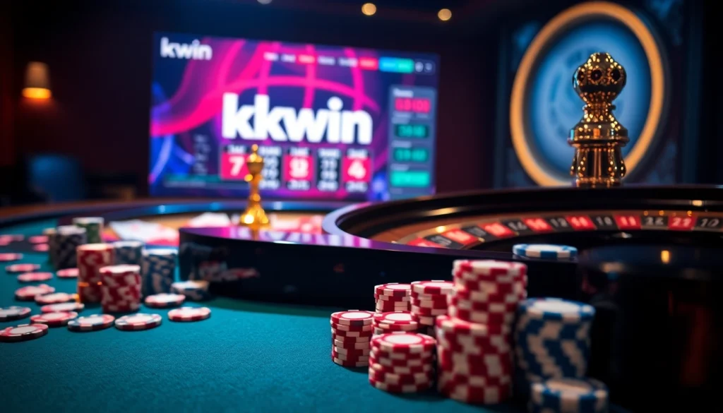 Experience thrilling gambling with kkwin at an elegant casino table filled with poker chips and roulette action.