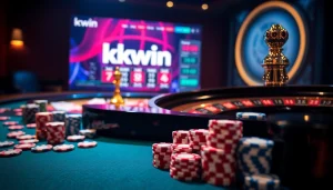 Experience thrilling gambling with kkwin at an elegant casino table filled with poker chips and roulette action.