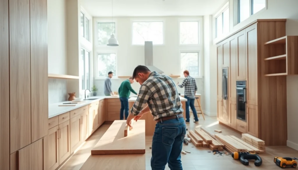 Home renovation project illustrating a modern kitchen transformation with skilled workers at work.