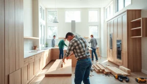 Home renovation project illustrating a modern kitchen transformation with skilled workers at work.