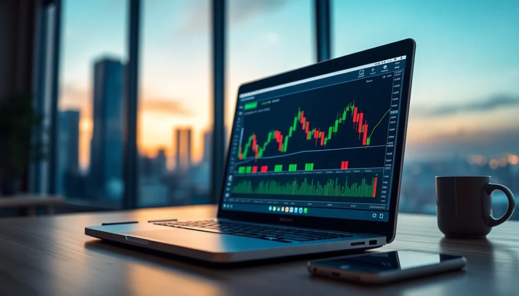 Engaging view of hotforex mt4 trading platform on a sleek laptop in a modern office.