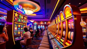 Menangkan bonus besar saat bermain yuyu4d slot dengan suasana kasino yang meriah dan penuh warna.
