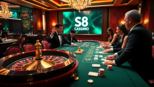 S8 Casino gaming scene with excited players, roulette wheel, poker chips, and luxury ambiance.