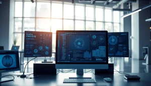 Technologie Arbeitsplatz mit fortschrittlichen Computeroberflächen und holografischen Displays.