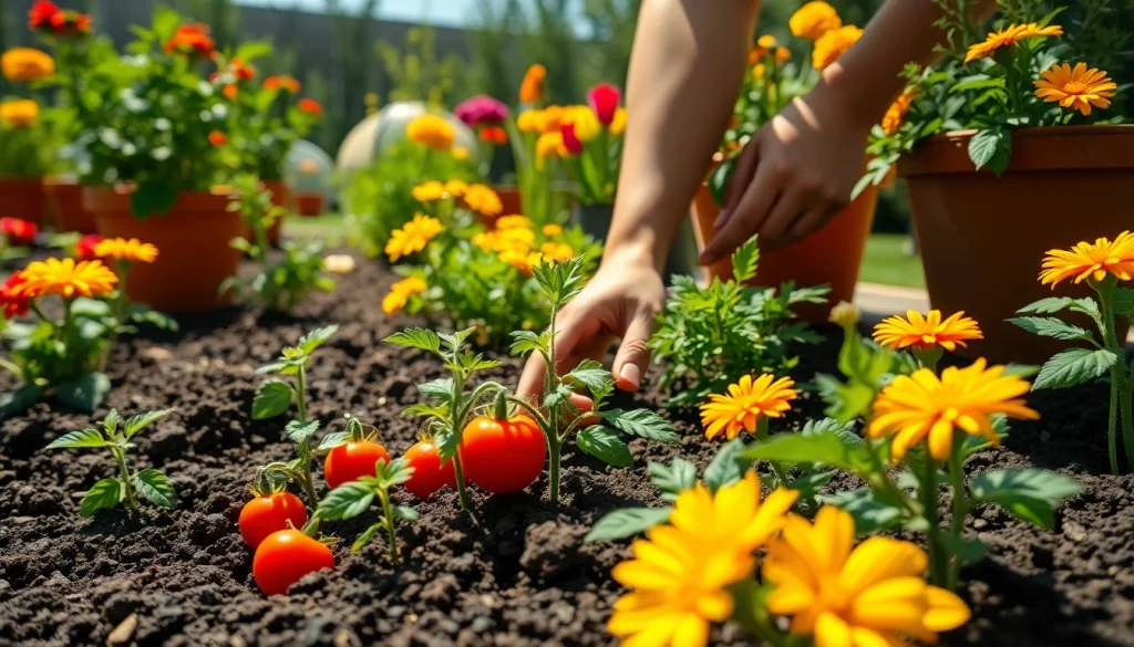 Gardening with vibrant plants and a gardener's hands planting seedlings in sunlight.