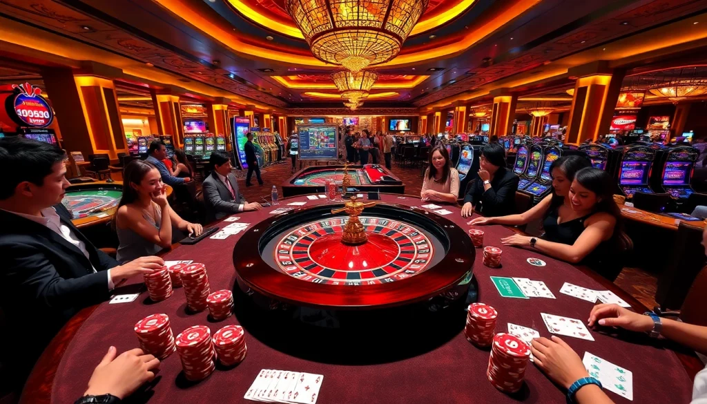 Excited players engaging at a Fun88 casino table, highlighting a vibrant roulette wheel and poker chips.