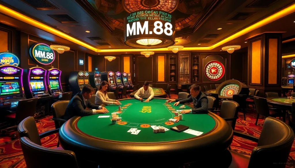 MM 88 casino scene showcasing players enjoying poker and vibrant gambling visuals.