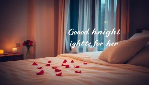 Send a heartfelt good night message for her on a cozy bed scene with warm lighting.