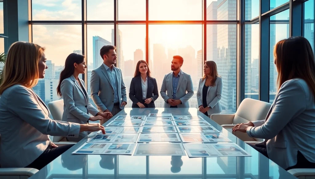 Real Estate agents engaging clients in a modern office, showcasing listings and vibrant atmosphere.