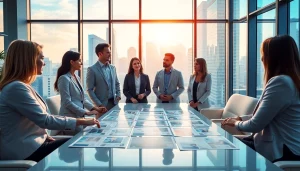 Real Estate agents engaging clients in a modern office, showcasing listings and vibrant atmosphere.