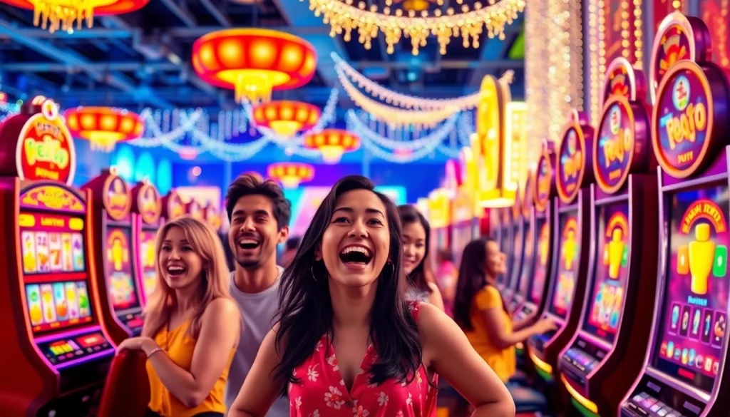 Bermain di petani toto dengan mesin slot ceria di lingkungan kasino yang meriah.