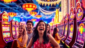 Bermain di petani toto dengan mesin slot ceria di lingkungan kasino yang meriah.