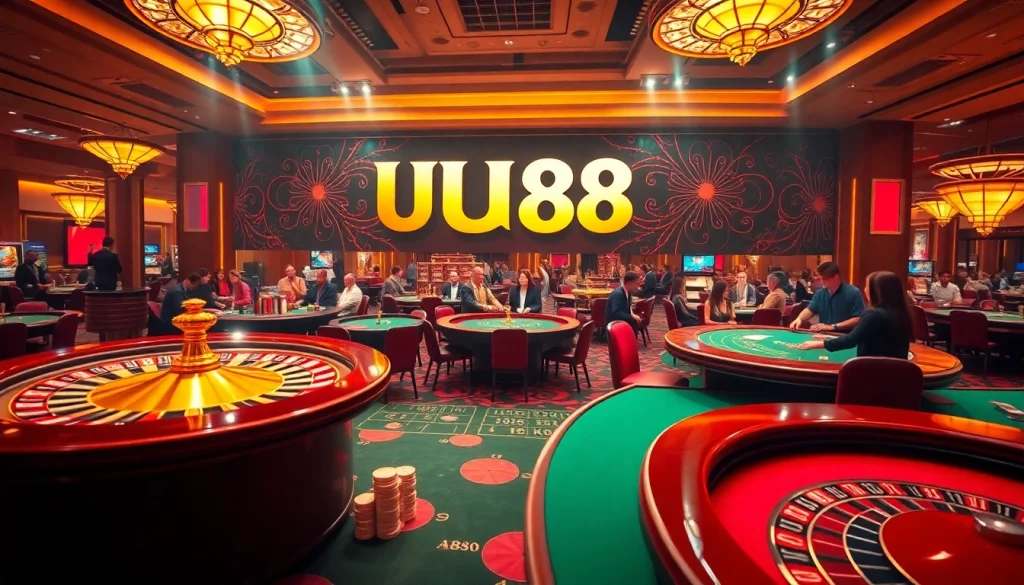 Experience thrilling gameplay with UU88 at a vibrant casino featuring roulette and poker tables.