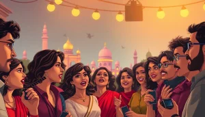 Vibrant Bollywood gossip scene showcasing https://theopinionatedindian.com in a lively atmosphere with animated discussions.