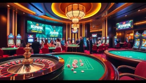 Experience the thrill of kuwin 789 in a luxurious casino environment with poker chips and roulette.