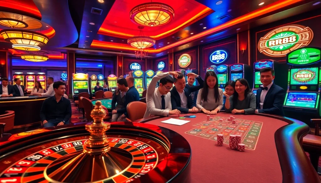Experience the thrill at rr88 with vibrant casino gaming, roulette, and poker tables.