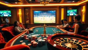 High-stakes gambling scene highlighting Lương Sơn TV with poker elements and live football matches.