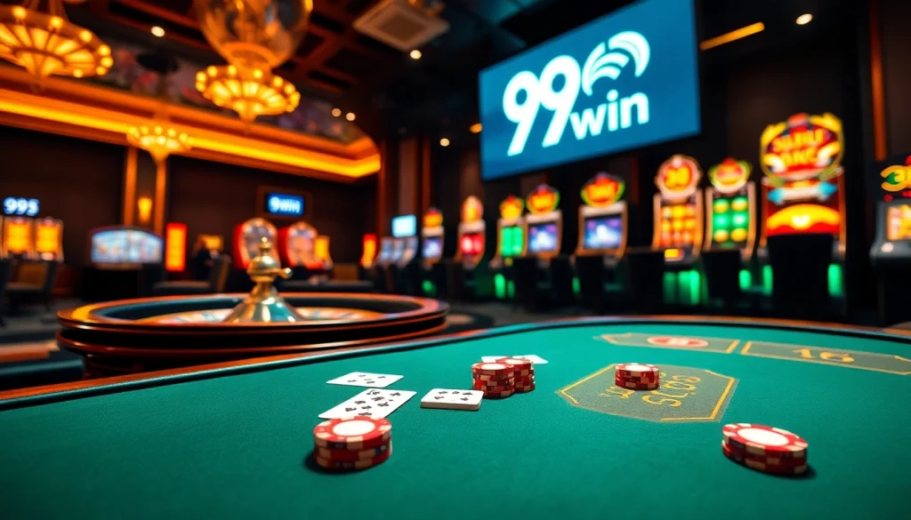 Players experiencing the thrill of casino gaming at 99win with vibrant slot machines and a roulette wheel.