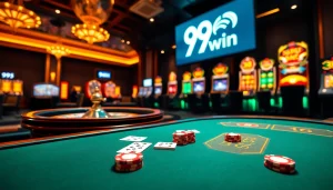 Players experiencing the thrill of casino gaming at 99win with vibrant slot machines and a roulette wheel.