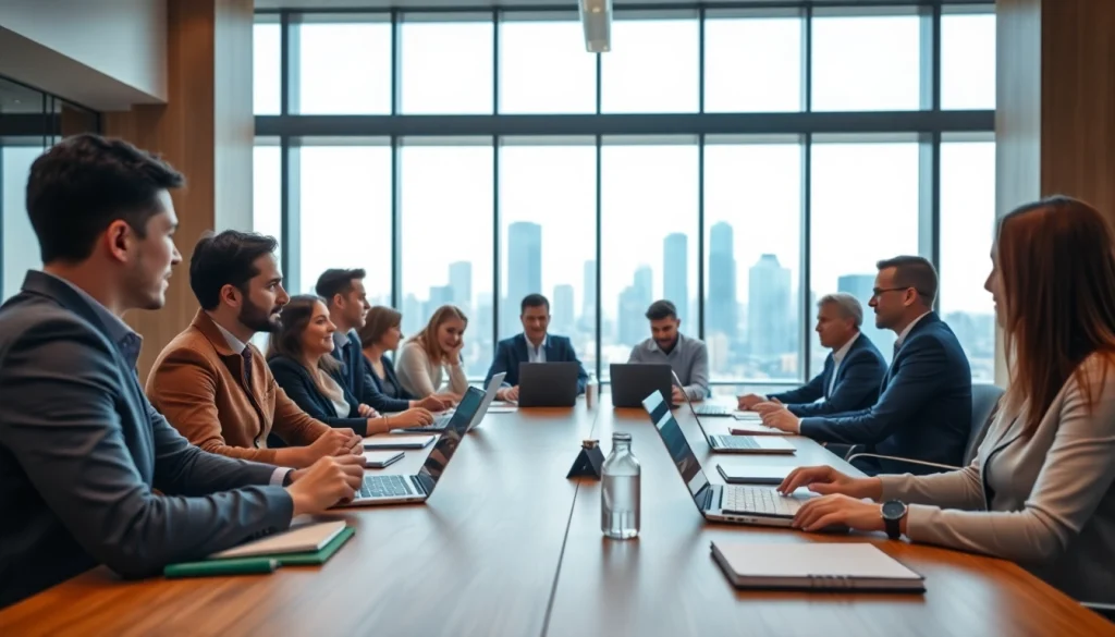 People collaborating in a business meeting, emphasizing teamwork and innovation.