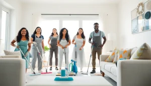 Maid agency team members diligently cleaning a bright living room, showcasing professionalism and teamwork.