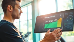 Calculate your metabolic age calculator result while engaging with a fitness assessment in a modern gym.