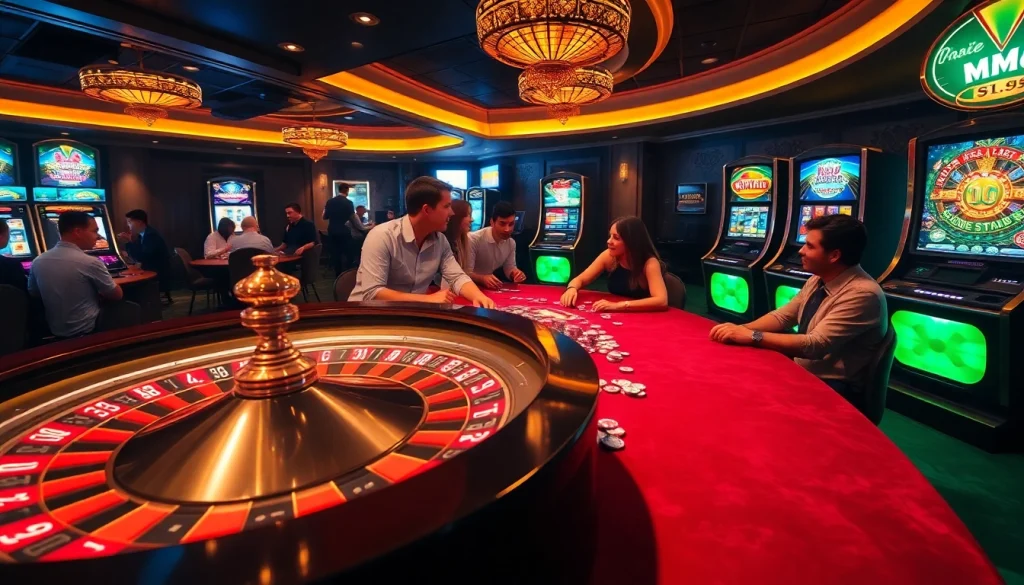 MM88 showcases an exciting online casino scene with vibrant roulette and poker action.