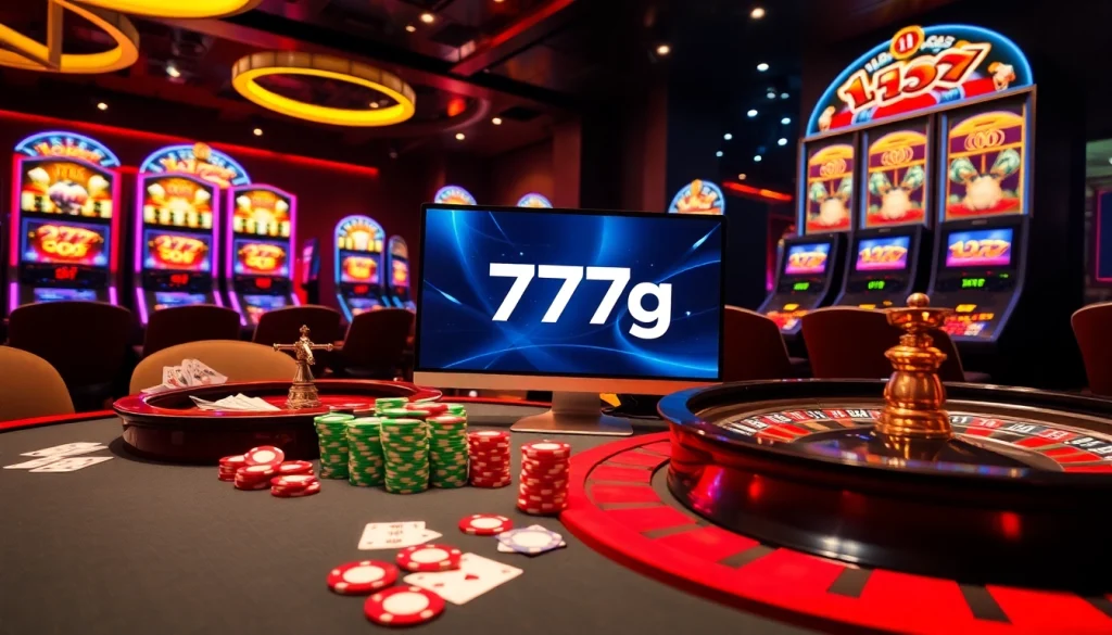 A dynamic online gambling scene featuring the 777g platform with poker chips and a roulette wheel.
