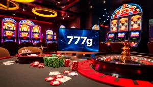 A dynamic online gambling scene featuring the 777g platform with poker chips and a roulette wheel.