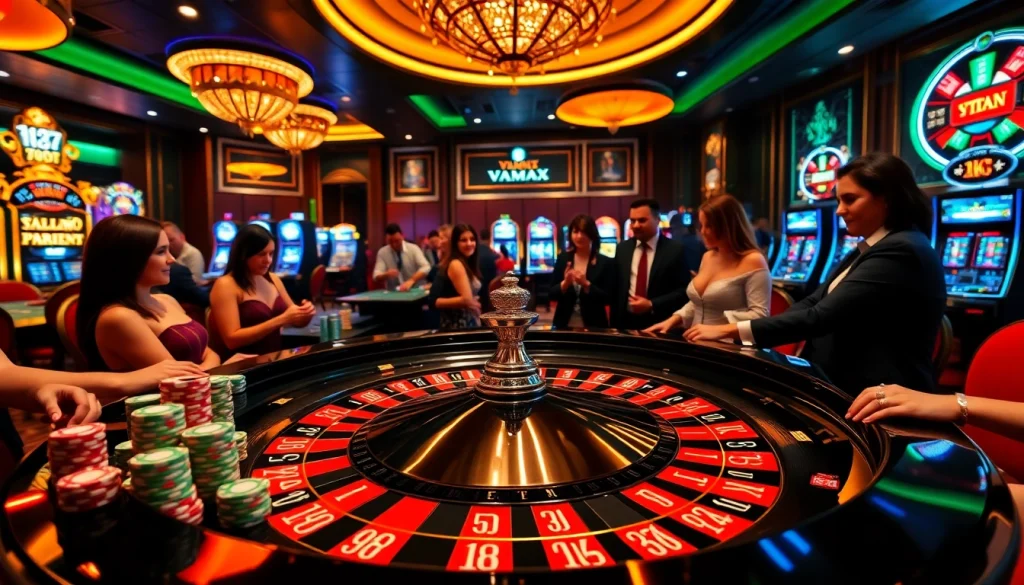 Players enjoying a thrilling game at VMAX casino, featuring a live roulette table and vibrant poker chips.