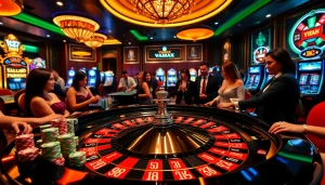 Players enjoying a thrilling game at VMAX casino, featuring a live roulette table and vibrant poker chips.